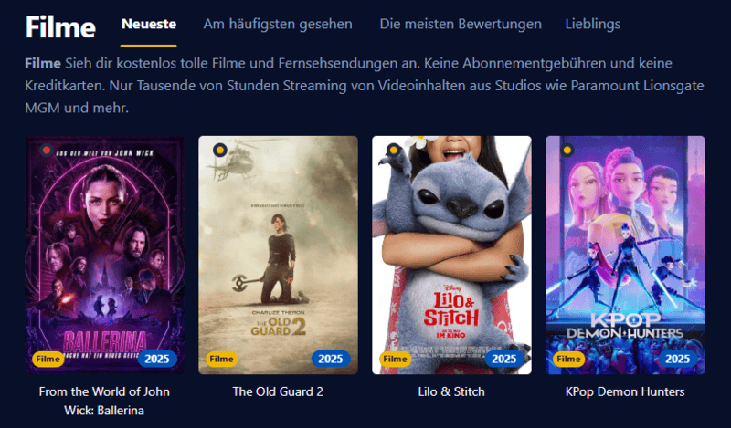 Bildschirmfoto der Filmpalast-Oberflaeche die verschiedene Filmtitel und Serienepisoden zeigt